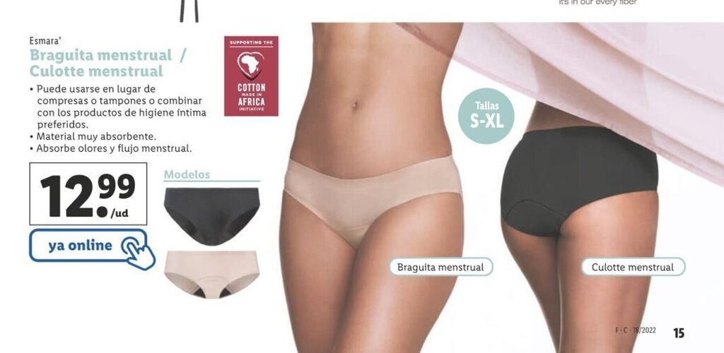 imagen del catalogo lidl en 2022 conteniendo las bragas menstruales esmara